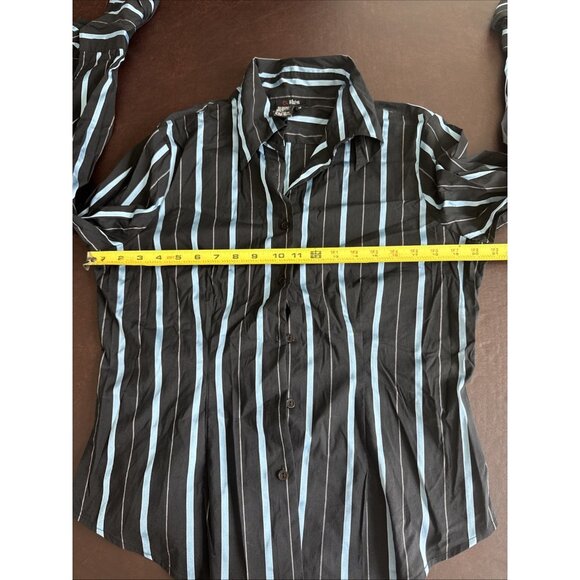 O Shirt Womens Black & Blue Striped Button-Up Shirt Size 14 By Cotton/Polyester - Picture 9 of 12